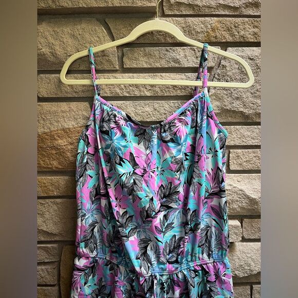A Shore Fit! Swimsuit Romper Modest Swim Tropical Floral Blue Purple 16 - Picture 3 of 5
